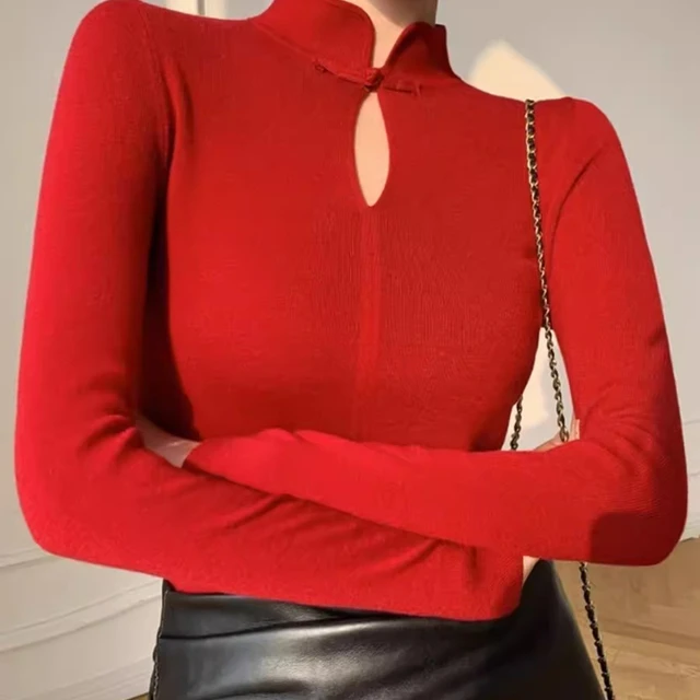 本命年红色半高领毛衣2025新款女秋冬修身内搭中式上衣针织打底衫