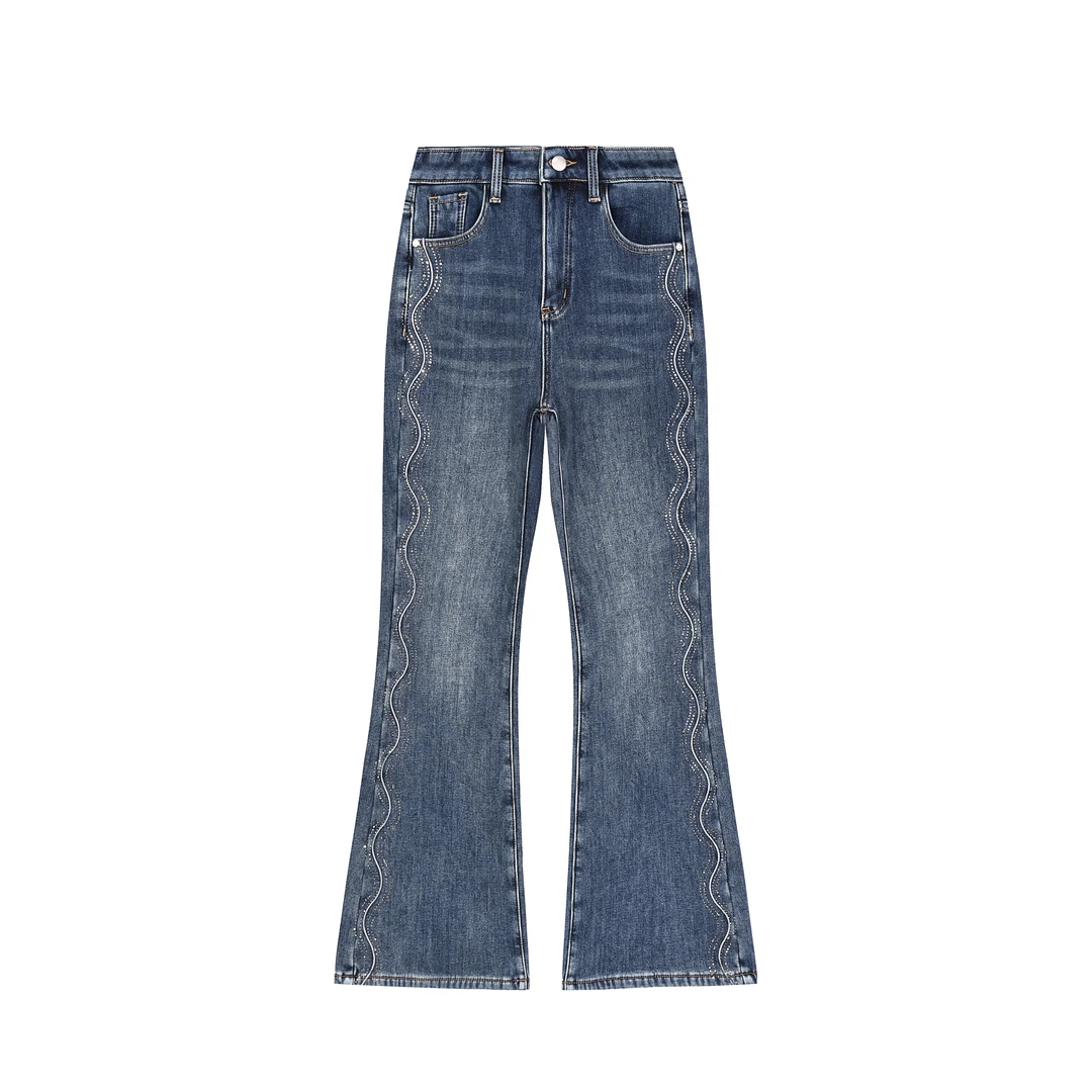 990高品质加绒加厚烫钻喇叭裤女款中高腰牛仔新款