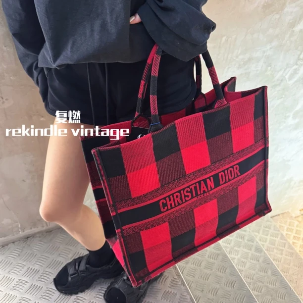 95新 DIOR/迪奥 复燃精选/黑红拼色大号book托特包19年