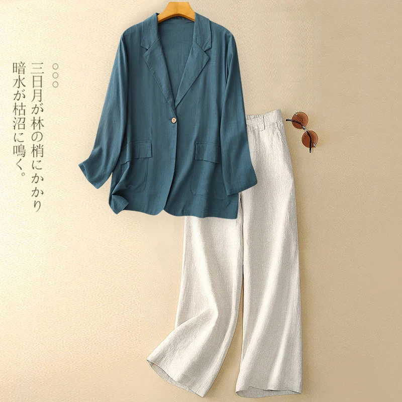 高端气质亚麻西装套装女士2025年夏季新款宽松休闲棉麻西服两件套
