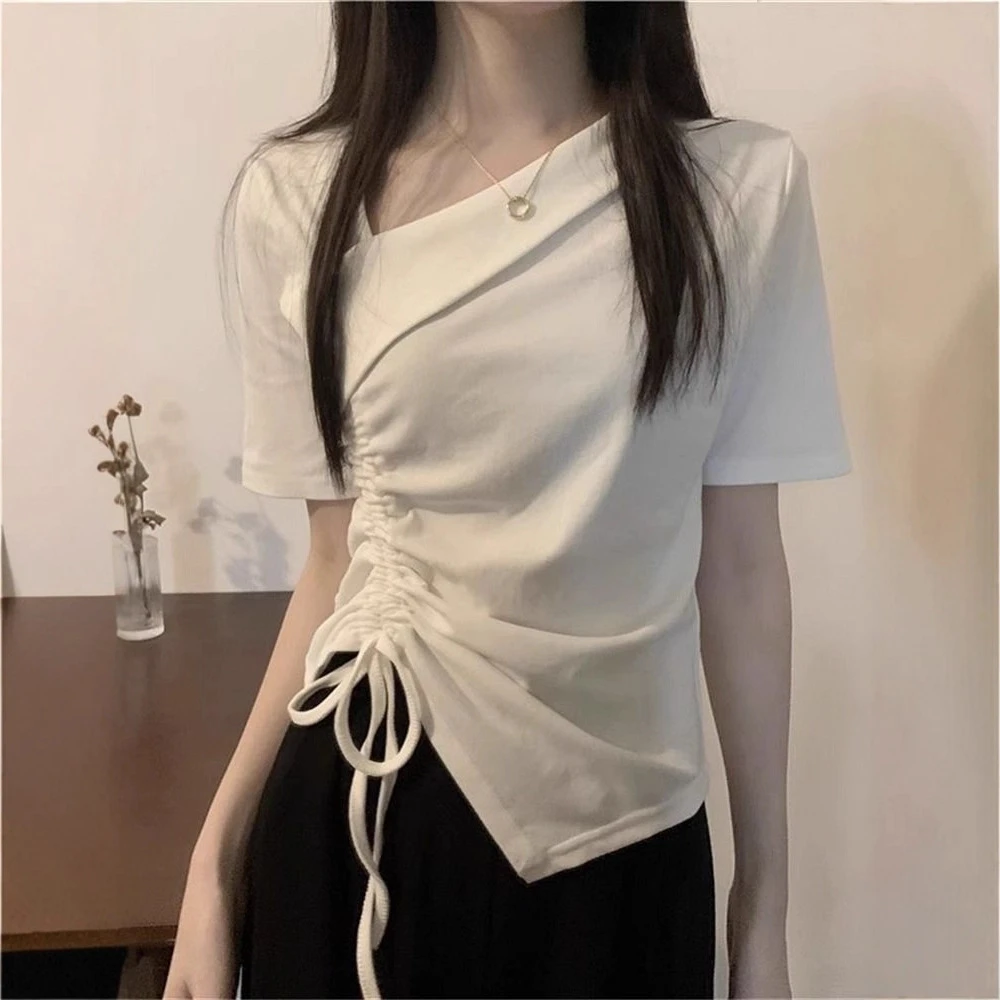 【斜肩抽绳T】新款短袖韩系冰丝T恤白色不规则领口女内搭显瘦上衣