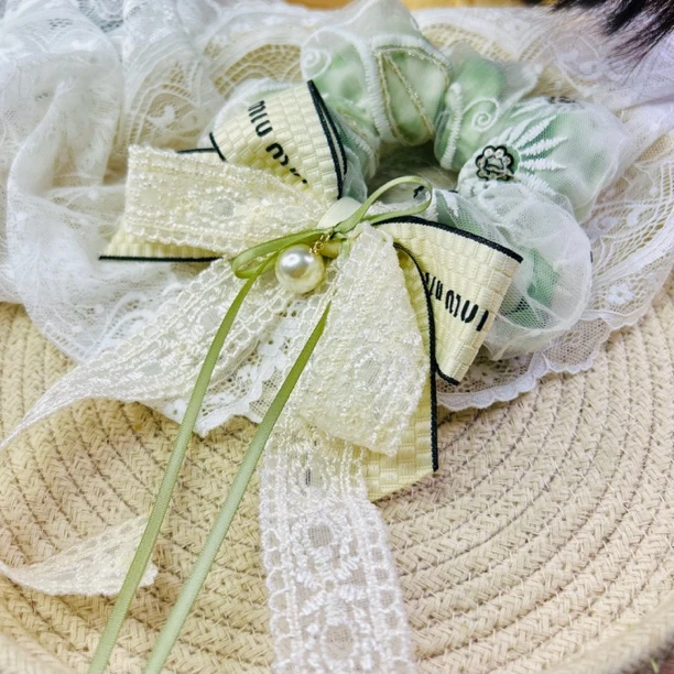 HC0436 清新绿米色印花双层纱纱蕾丝蝴蝶结肠圈