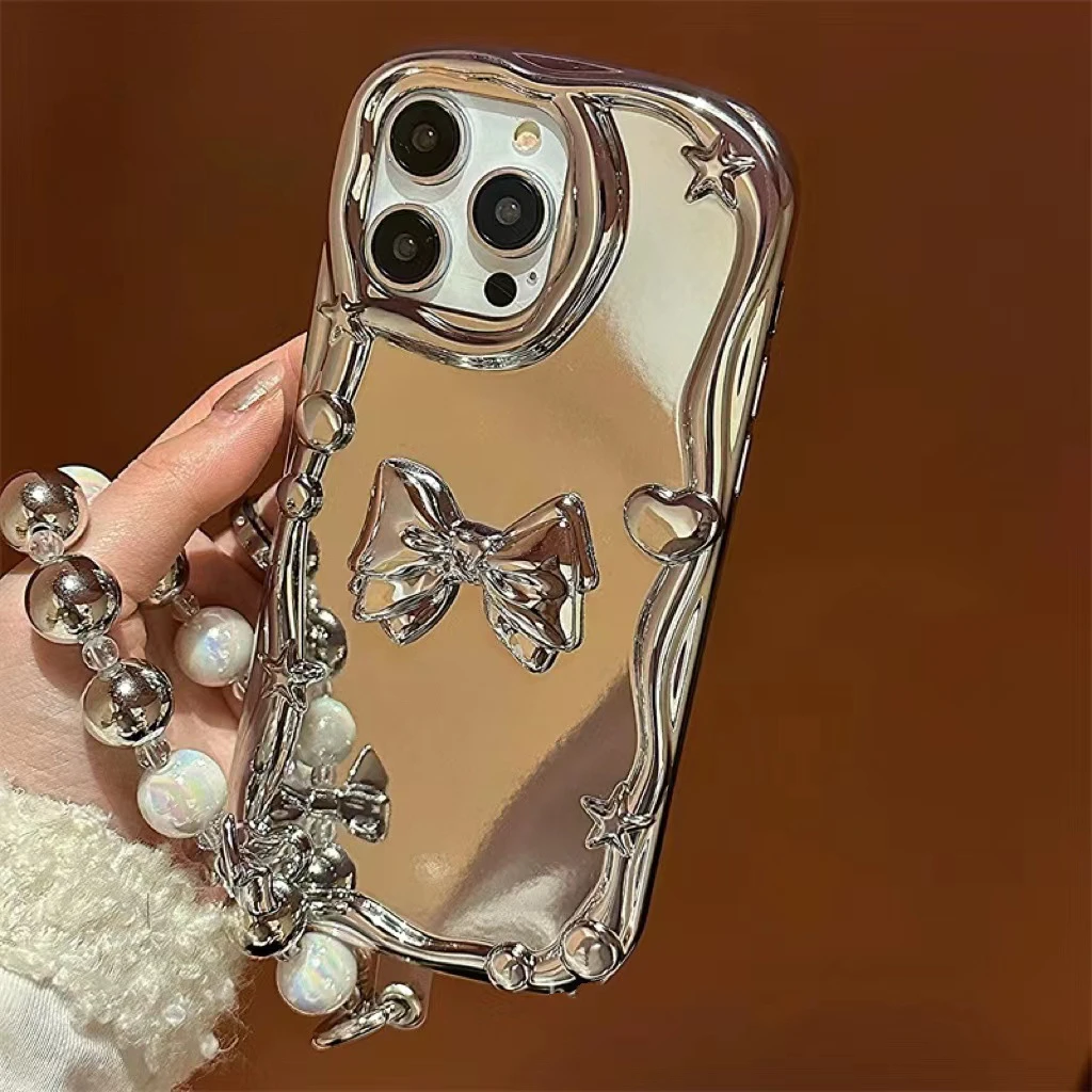 ins银色电镀立体蝴蝶结X手链iPhone14promax苹果13手机壳12高级11