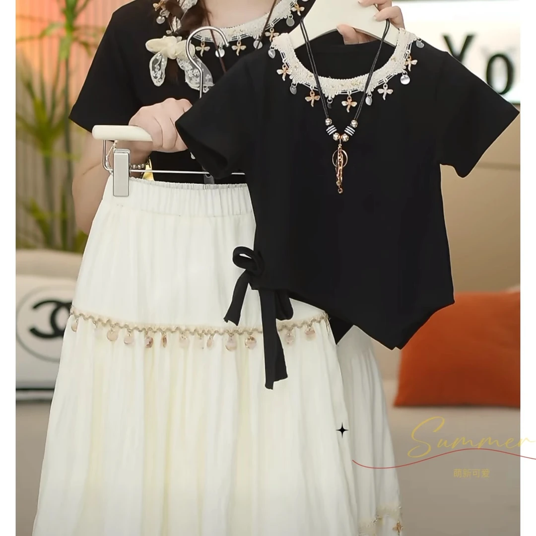 女童民族风短袖半身裙套装夏季2025新款洋气不规则亮片T恤仙女裙