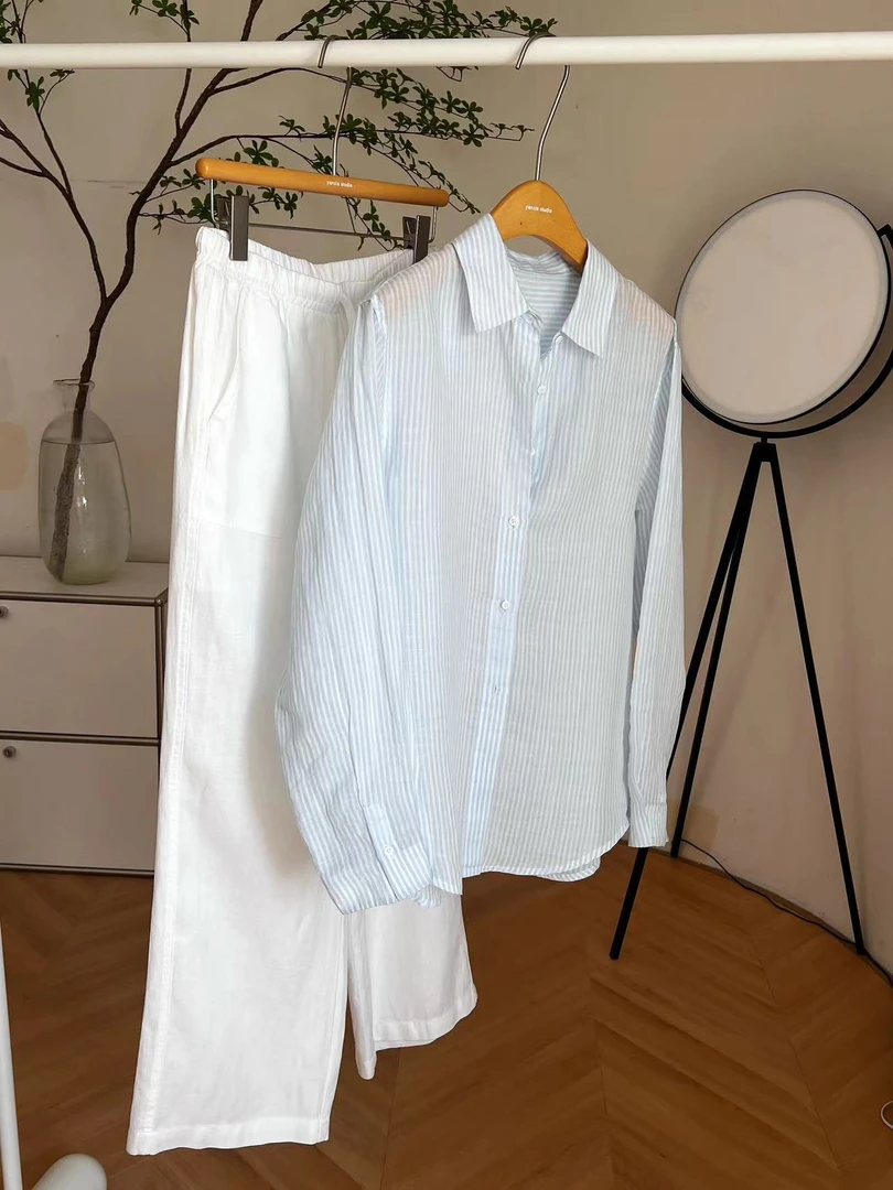 沿夏“海盐兰”  100%苎麻夏日巨清凉防晒衬衣 袖口设计绝美 24-308