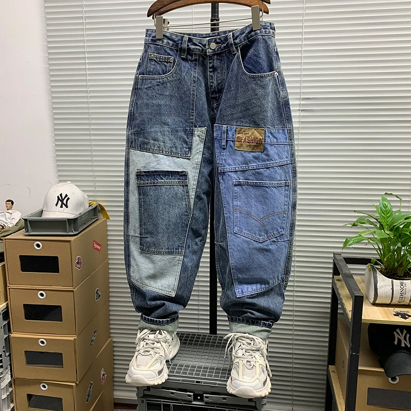 美式潮牌直筒宽松拼接阔腿牛仔裤男士高街春秋新款痞帅撞色休闲裤
