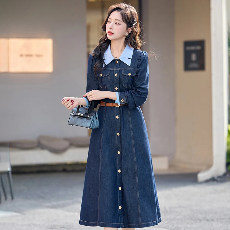 时髦连衣裙女2025春秋季新款时尚气质收腰显瘦遮肚子减龄牛仔裙子