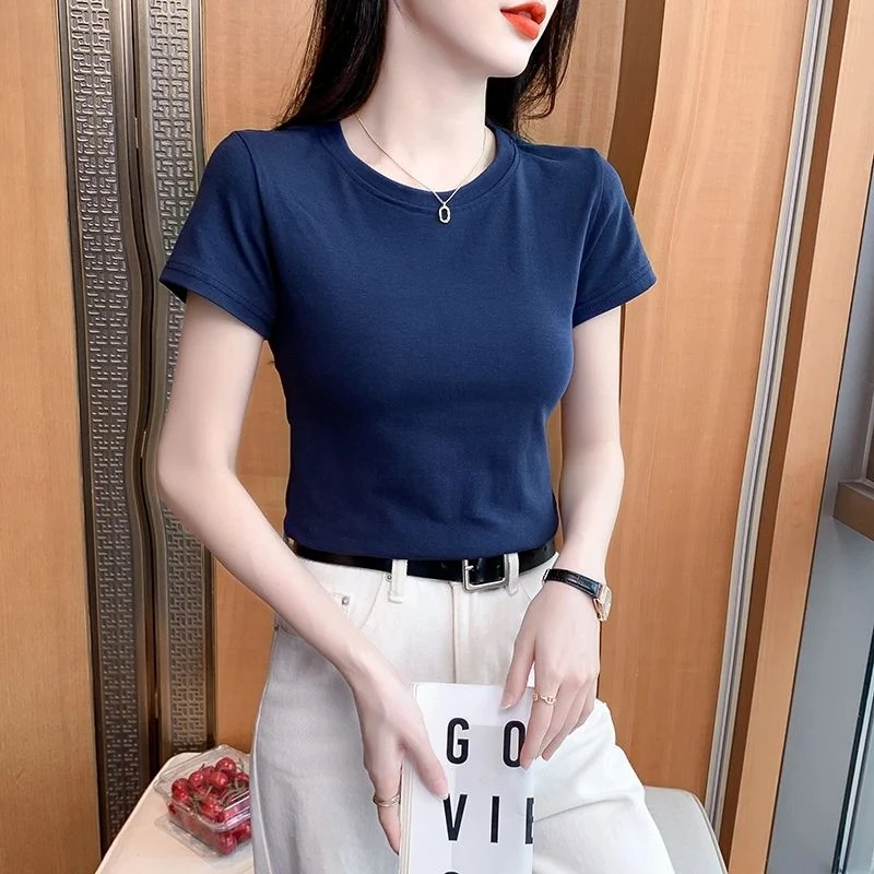 甜辣妹正肩短袖t恤女2025春秋新款爆款胖mm修身显瘦纯色圆领上衣