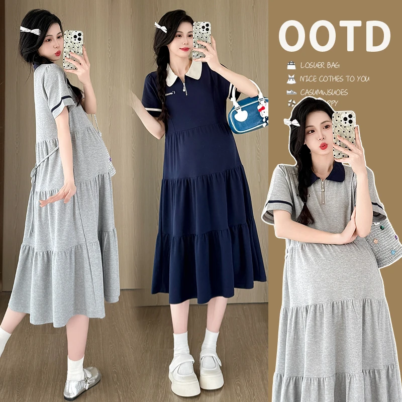 R564#4.3 孕妇连衣裙夏季新款藏青色polo领短袖宽松大码收腰连衣