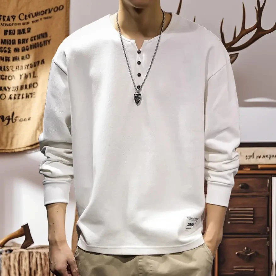 320g重磅纯棉白色打底衫男2025新款百搭亨利领长袖上衣T恤衫男款