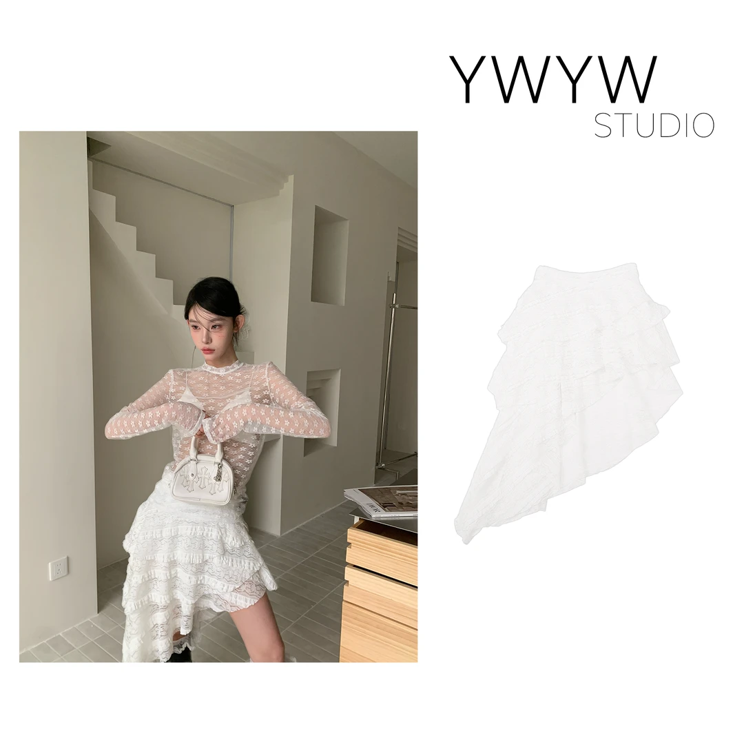 【YWYW25S/S】春季设计感气质多层不规则蕾丝花边蛋糕修身裙3726
