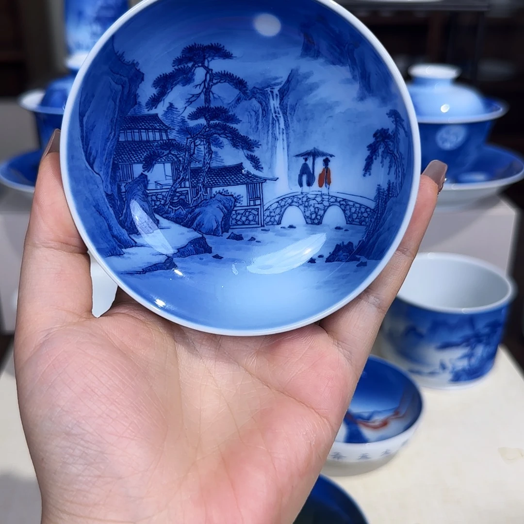 青花夜景山水杯杯