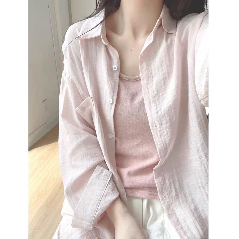 法式蓝色白色防晒衬衫夏季女长袖薄款宽松休闲外套开衫上衣时尚