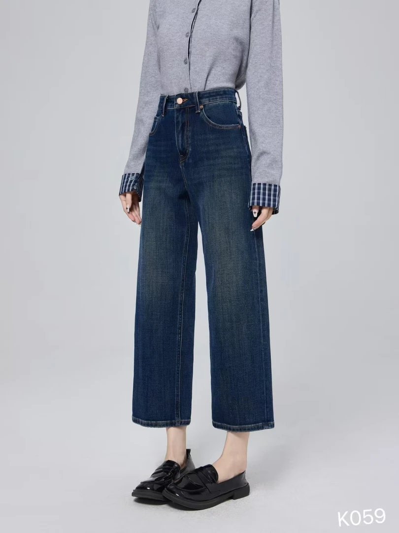 扣美正品K059秋上新热销三色高腰四面弹小个子直筒牛仔九分奶奶裤