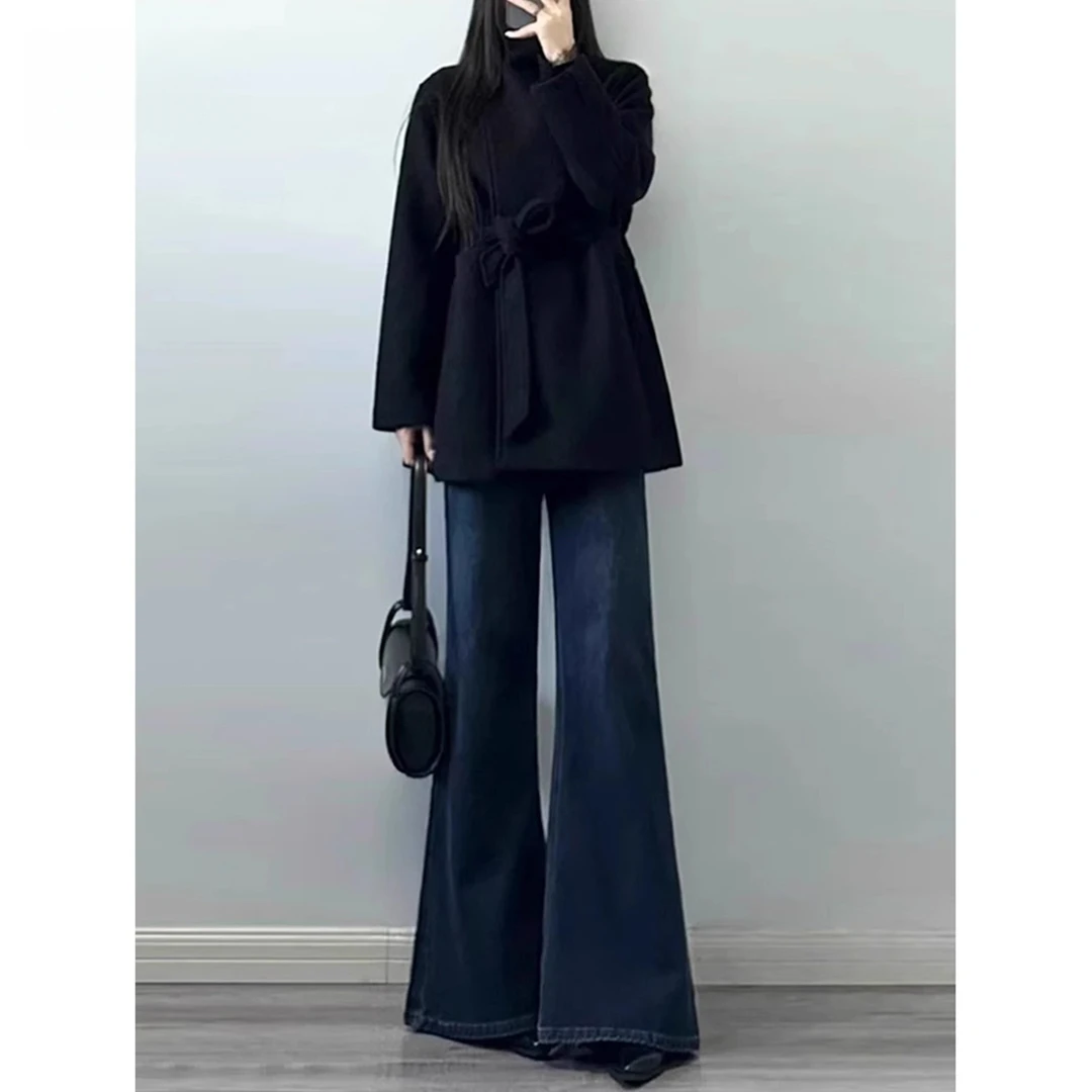 拉夏贝尔加绒加厚深蓝色显瘦牛仔裤女冬季保暖宽松不贴腿微喇裤子