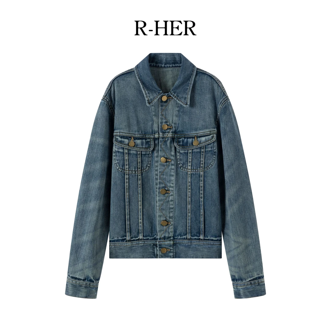 R-HER【蓝线牛仔】夏季新款老钱风松弛感女装时尚休闲风牛仔上衣