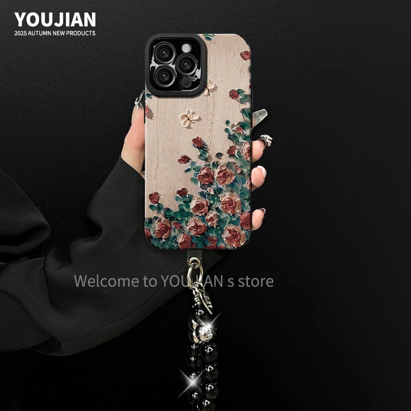 适用【苹果/oppo/华为/vivo/小米】复古油画玫瑰蝴蝶创意防摔手机壳