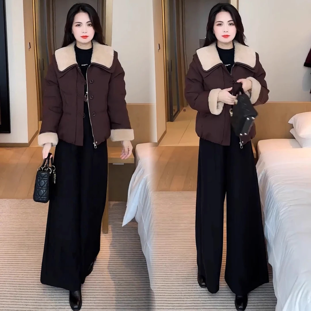 时尚大毛领棉衣女2025冬季新款加厚保暖翻领短外套洋气宽松棉服