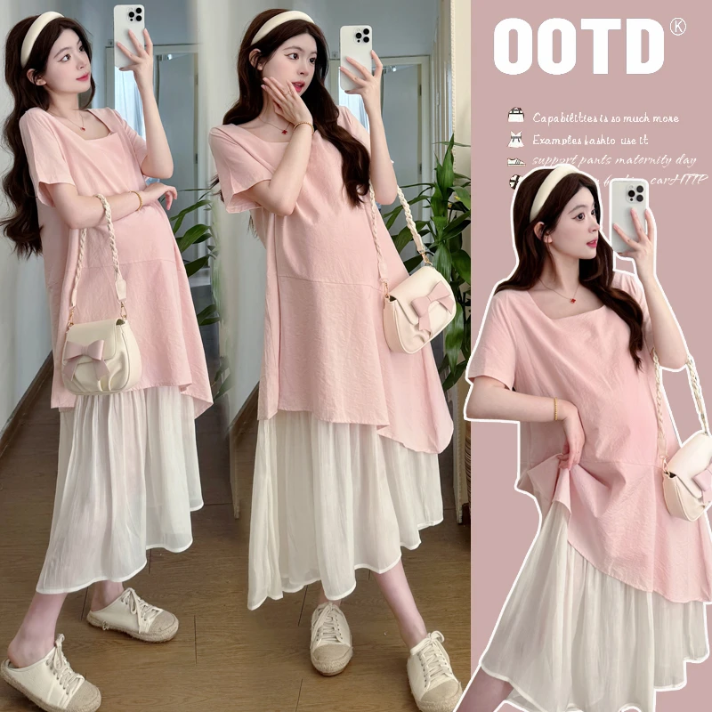 孕妇装2025夏季新款休闲时尚宽松显瘦方领少女感假两件孕期连衣裙