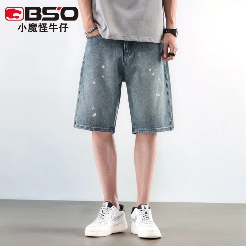 小魔怪复古牛仔短裤男潮牌宽松街头大码中裤夏季薄款痞帅五分裤子