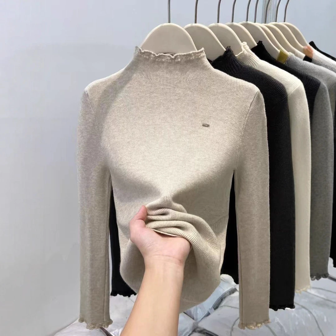 绝美半高领蕾丝毛衣女秋冬洋气叠穿木耳边内搭打底衫软糯针织上衣