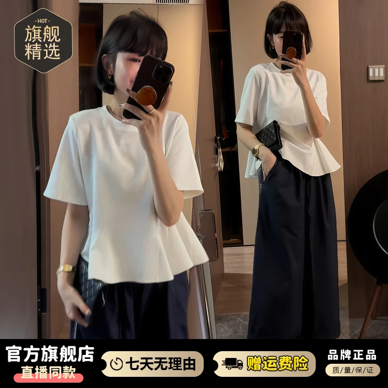 高含棉时髦纯色拼接短袖t恤女2026夏季新款简约百搭宽松显瘦上衣