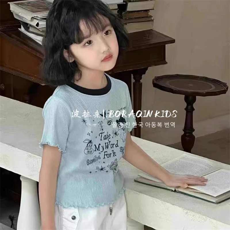 卷毛桃2025夏蓝色卡通上衣