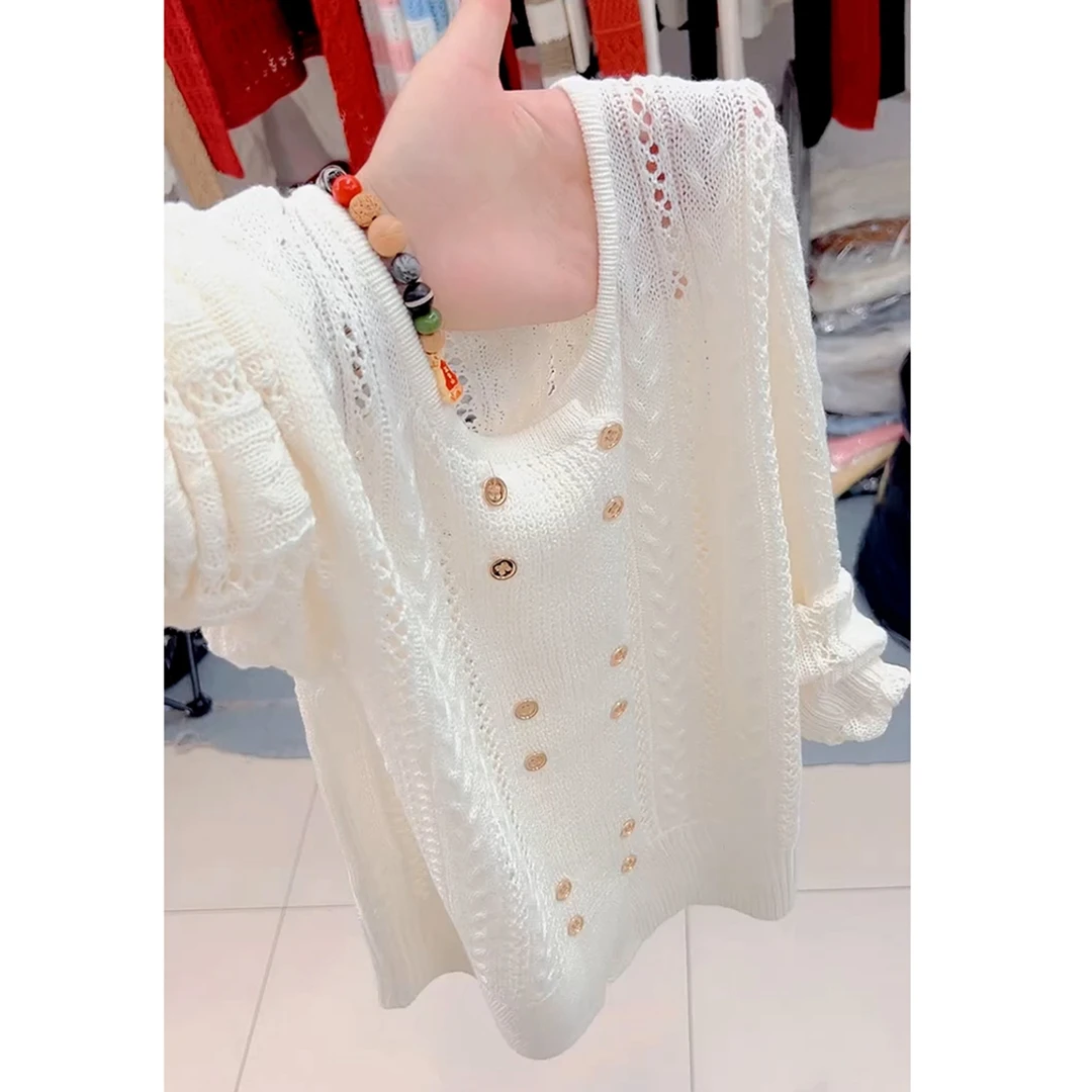 早秋新款独特漂亮软糯慵懒上衣高级感超好看米白色针织镂空T恤女