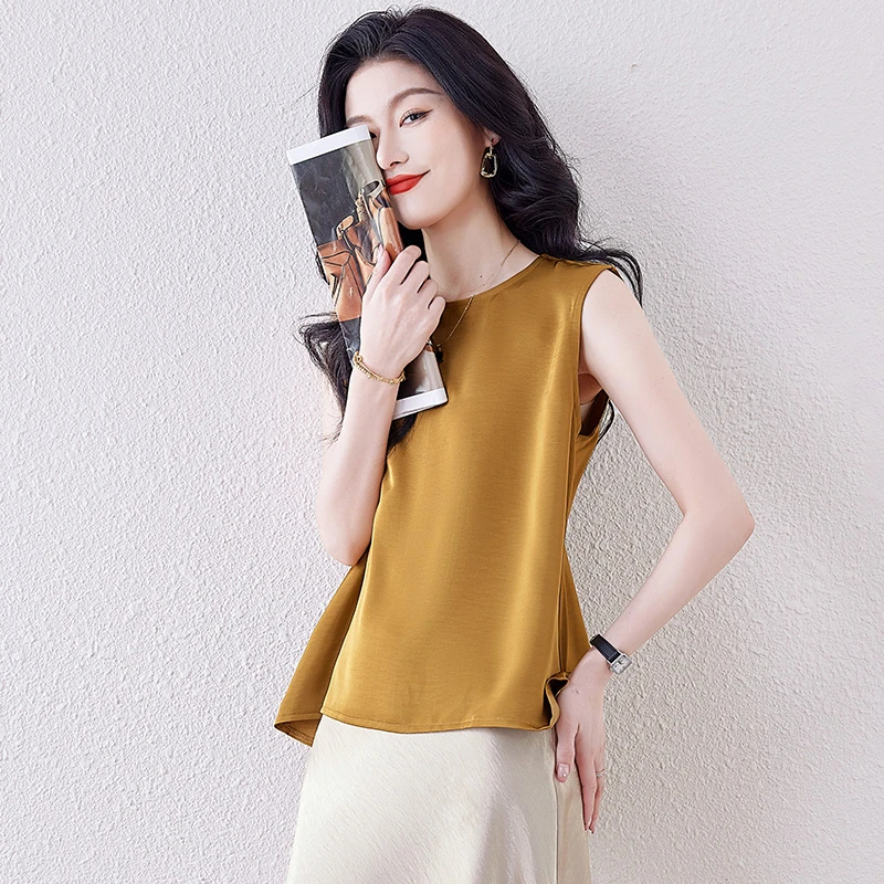高级感优雅气质缎面手抓花圆领纯色无袖女夏季不规则洋气上衣