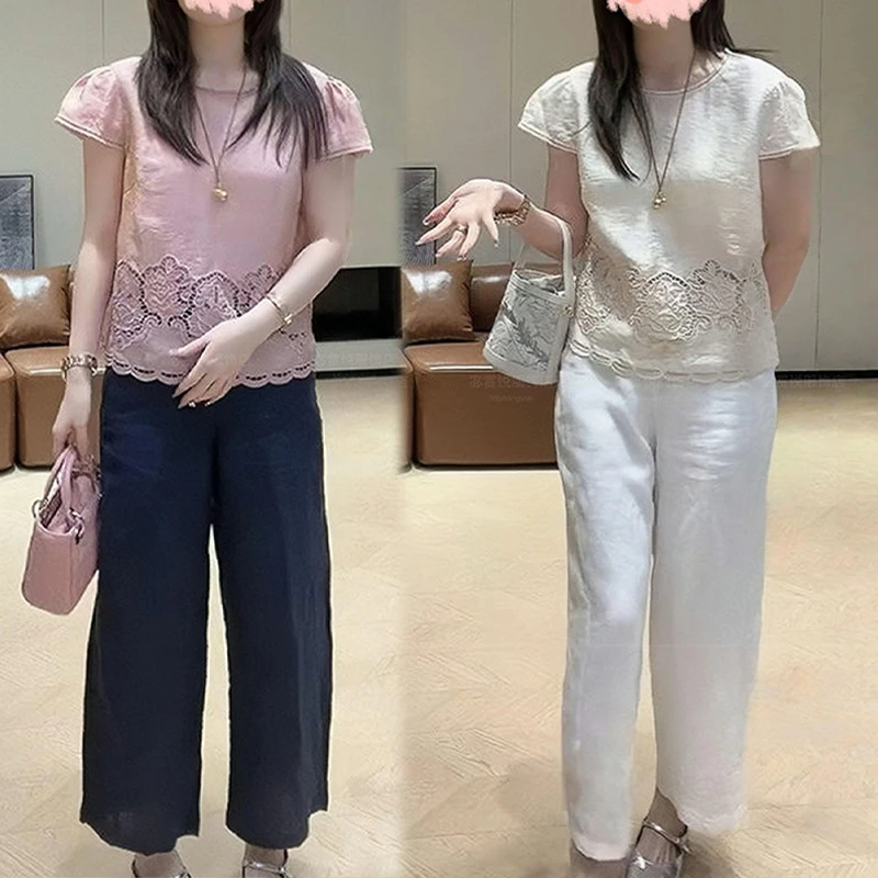 2025夏季新款松弛感镂空花边透气小衫+设计感百搭阔腿裤套装女