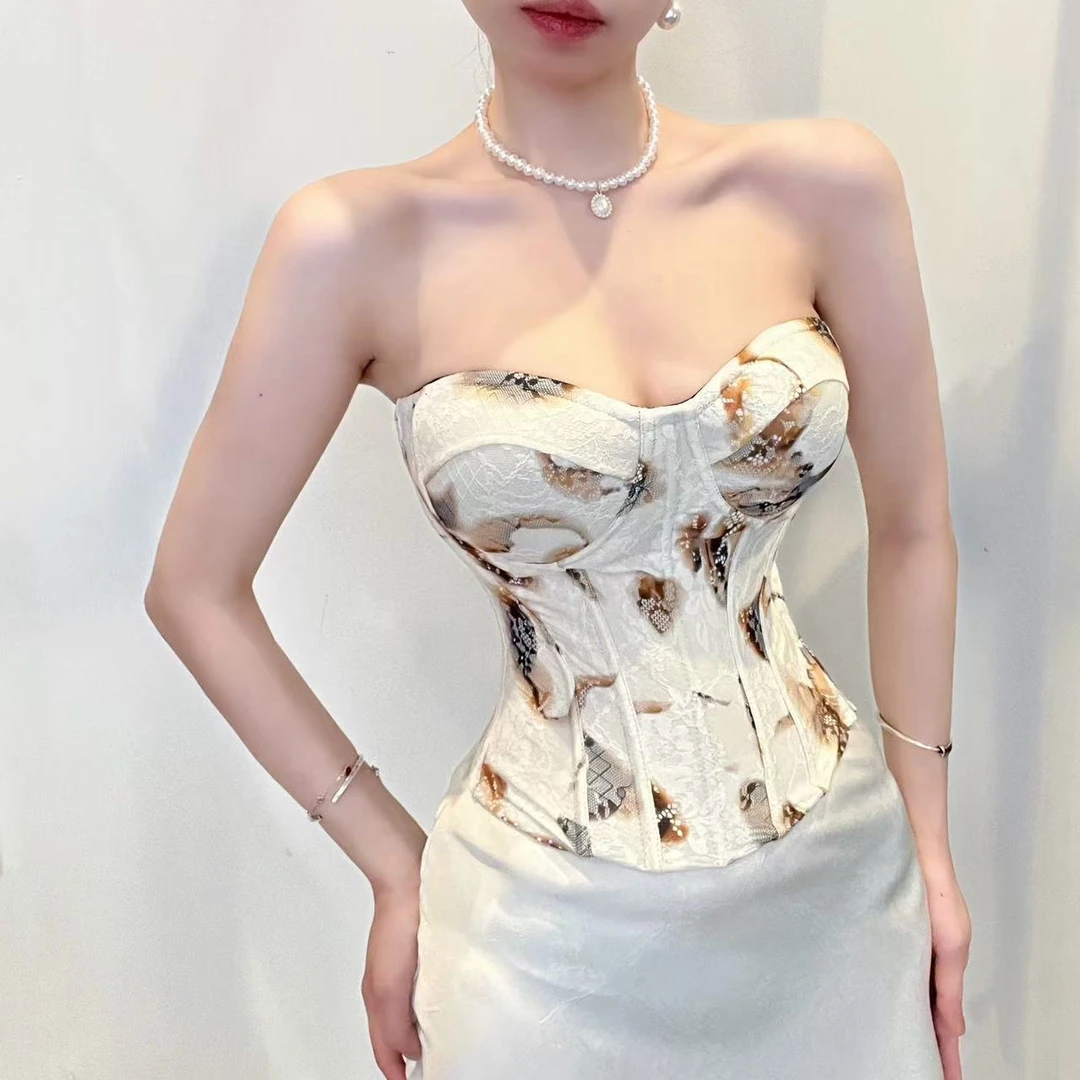 25801-（带胸垫）火烧蕾丝提花法式真鱼骨复古高级感抹胸鱼骨胸衣