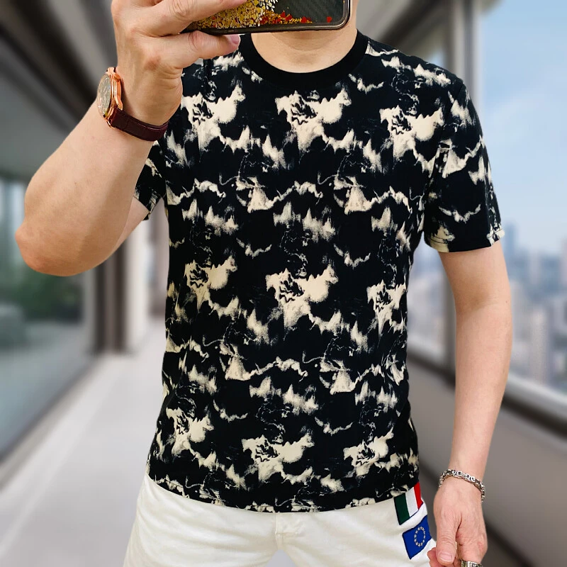 25年欧洲站时尚男装短袖 圆领男潮流透气网孔短袖冰爽t恤8190