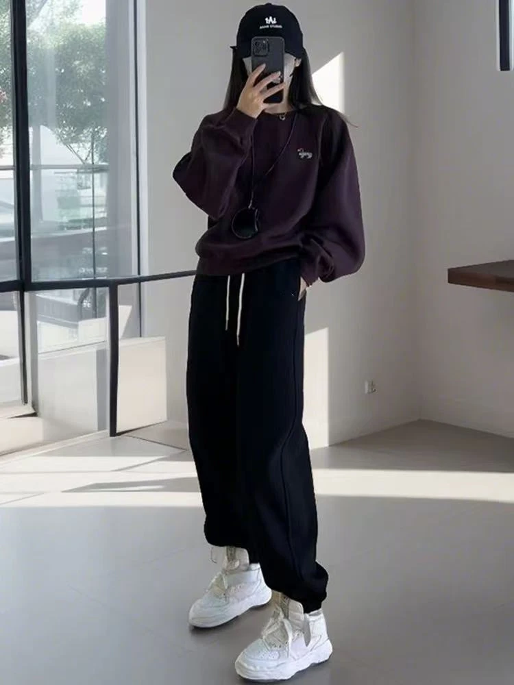 1332 美式高腰阔腿卫裤女新款刺绣松紧腰宽松运动休闲束脚裤子