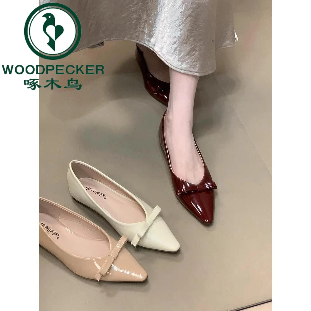啄木鸟蝴蝶结尖头浅口单鞋女2025气质晚晚风一脚蹬平底玛丽珍鞋