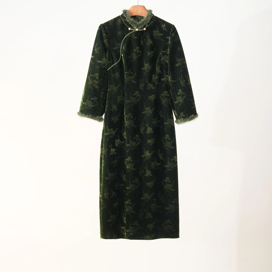 西子/【玉蝶衔春】进口韩国绒烫金新中式拼水貂改良旗袍/QPHY0147