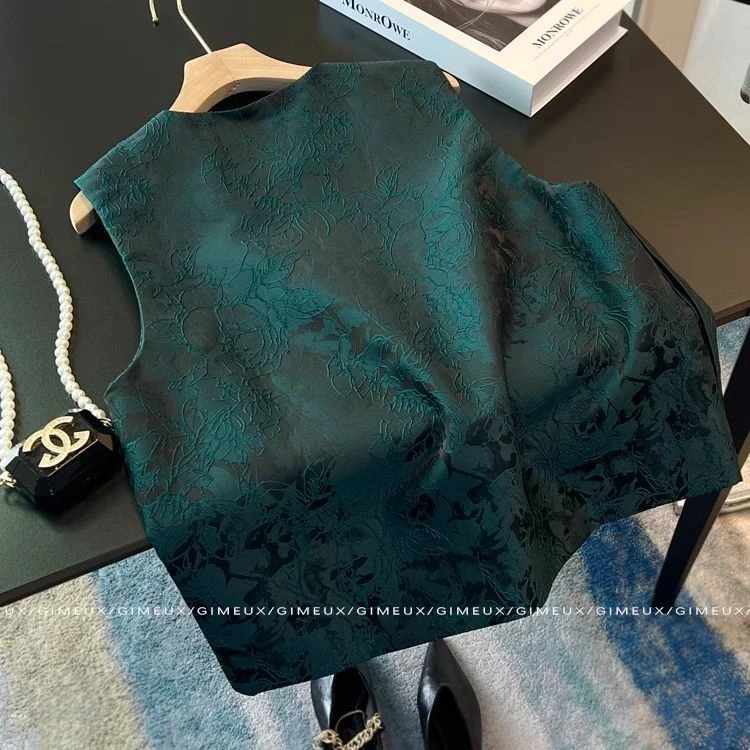6450爆款百搭超好看新中式国风提花马甲女复古风独特绿色上衣外套