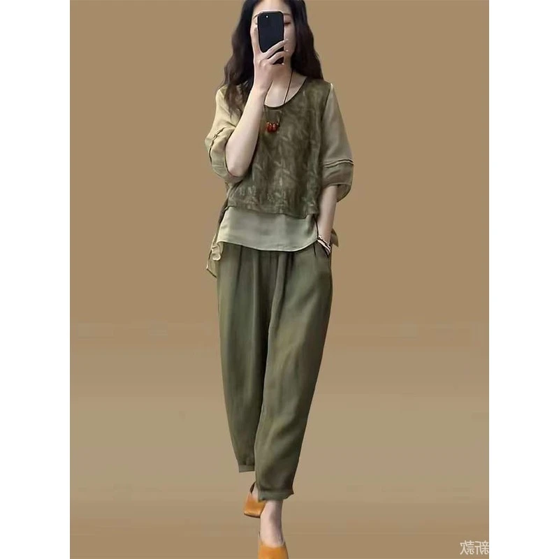 时尚棉麻套装女2023夏季新款印花拼接假两件上衣哈伦裤显瘦两件套