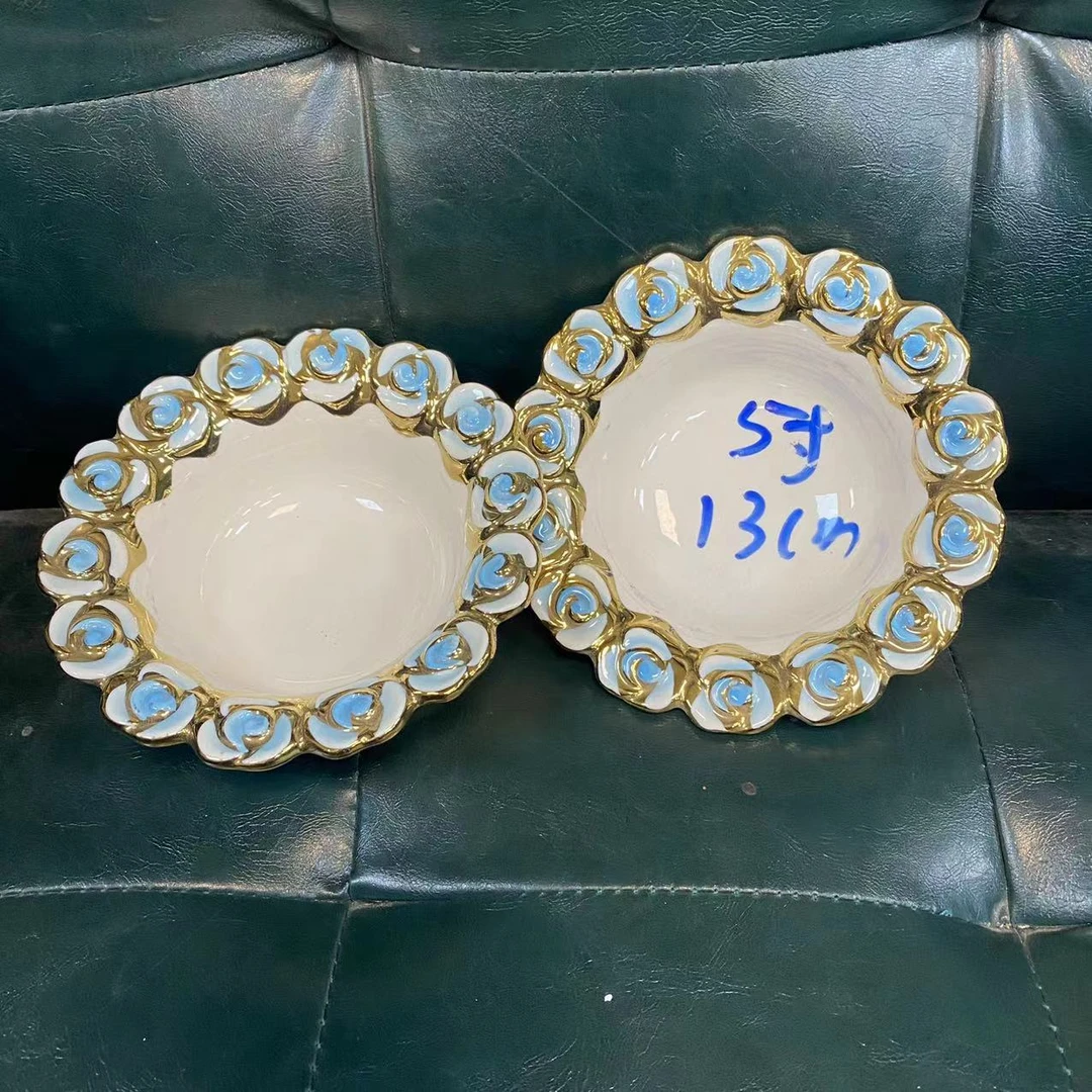 蓝色玫瑰花甜品陶瓷碗2个