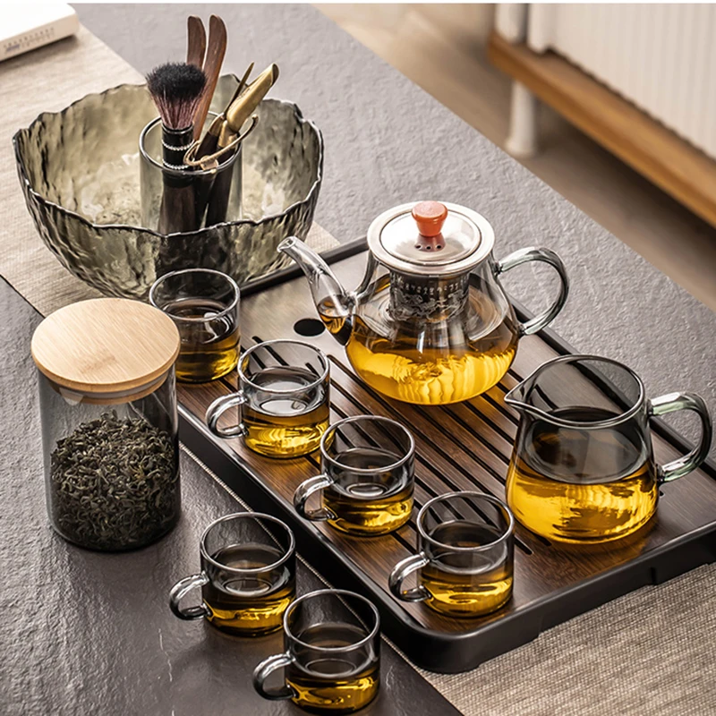烟灰色玻璃茶具套装耐热耐冷泡煮茶壶茶杯小号茶盘家用功夫茶道