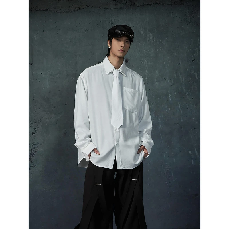 无人孤岛 天丝棉垂感抗皱配领带珍珠翻领衬衣男女高级长袖衬衣