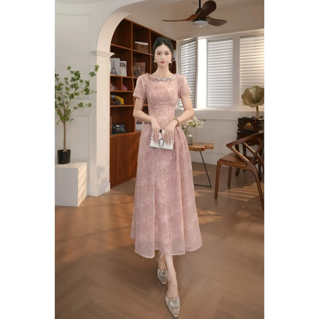 【宝总】时尚优雅收腰修身名媛宴会显瘦轻奢方领设计感连衣裙21766