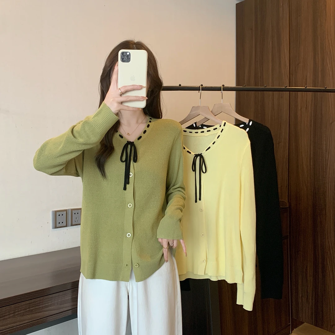 大码美美哒2025春季氛围感撞色蝴蝶结针织衫法式温柔风上衣69311