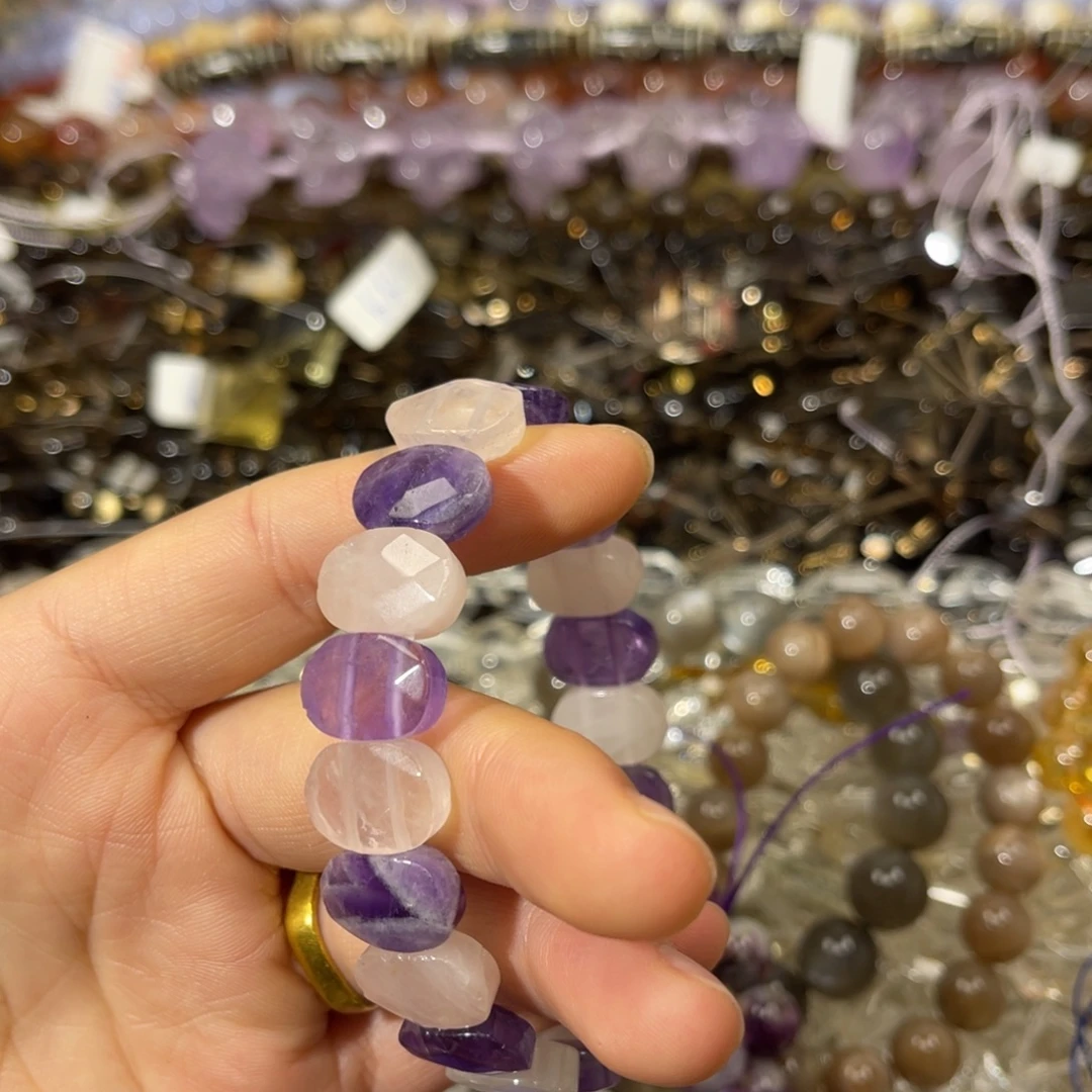 紫晶银S925镶嵌珠宝半成品粉水晶拼紫水晶手牌