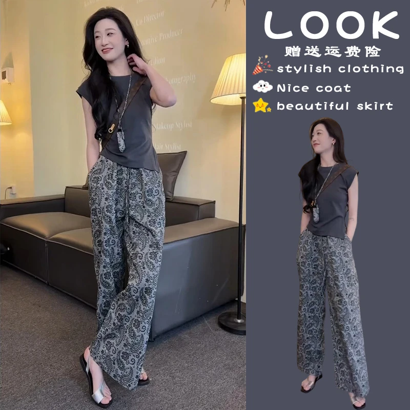 夏日穿搭一整套小众不撞款休闲洋气时尚减龄短袖t恤阔腿裤套装女