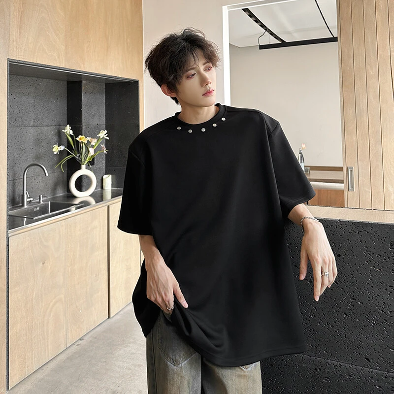 金属纽扣设计垫肩感短袖T恤男简约重磅美式复古宽松潮流圆领短袖