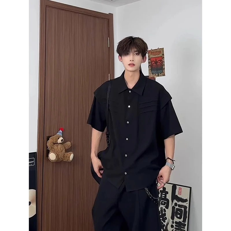 黑色冰丝短袖衬衫男款夏季速干褶皱衬衣设计感高级七分袖防晒外套
