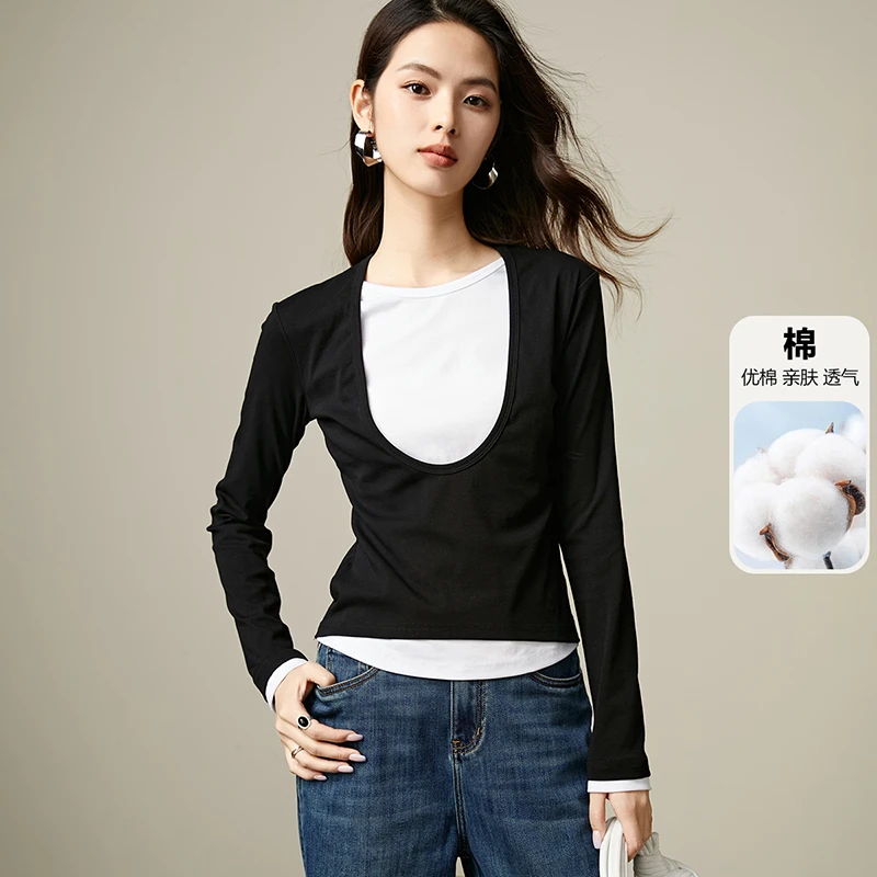 晚白【新品】上衣撞色假两件衫T恤女24102314