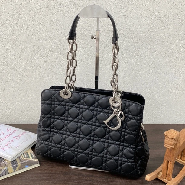 95新 DIOR/迪奥 黑银戴妃托特单肩包底长30 118759