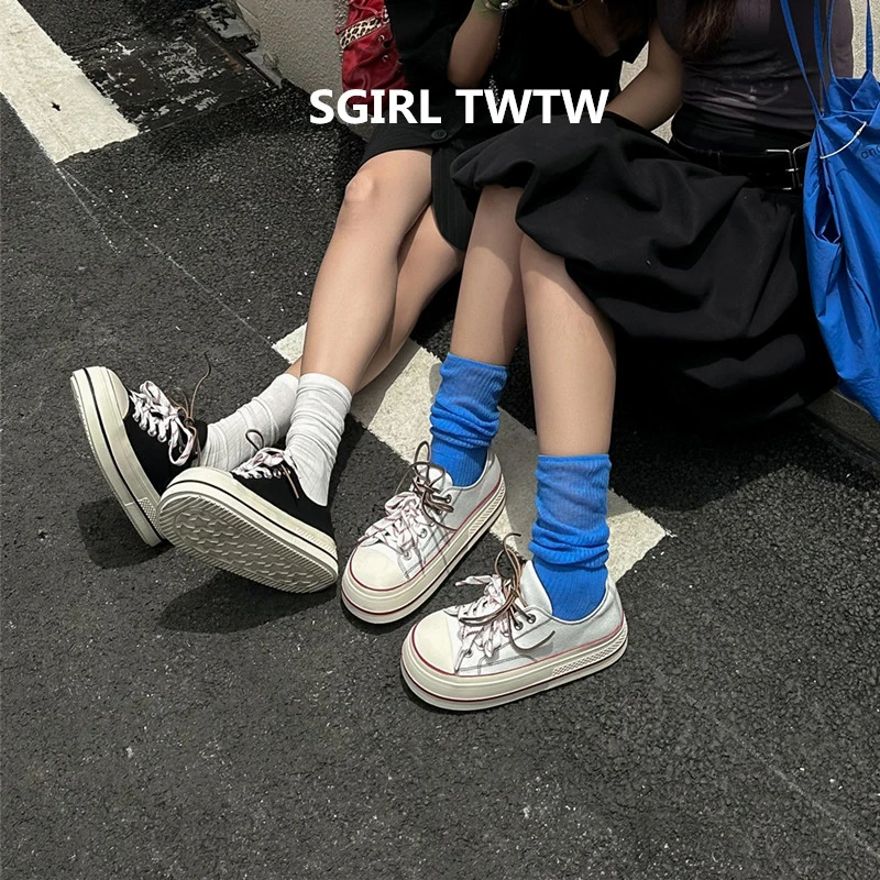 SGIRL TWTW2025年夏季新款韩版时尚圆头厚底极简风帆布休闲鞋女鞋