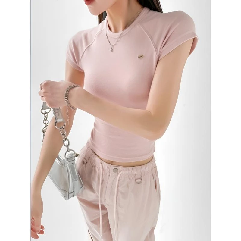 正肩爆款插肩袖短袖T恤女夏薄韩系甜辣修身运动百搭显瘦短款上衣